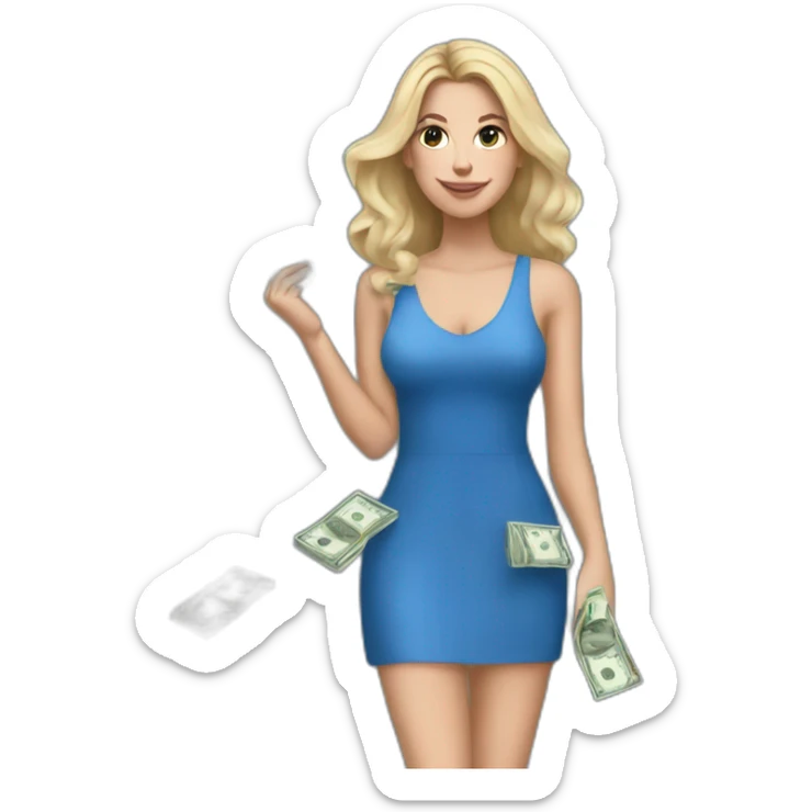 yasmin brunet Realistc white girl in a blue dress her hair out holding the money sticker