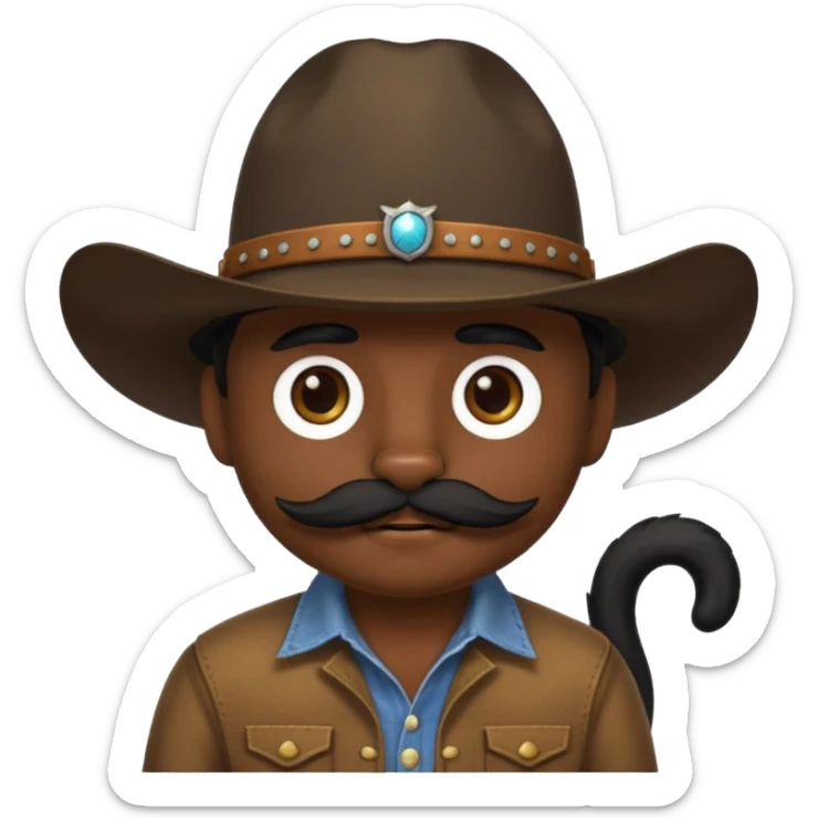 combine the cowboy empjis with a bclack cat emoji and make it have a black thick moustache over the cat wiskers sticker