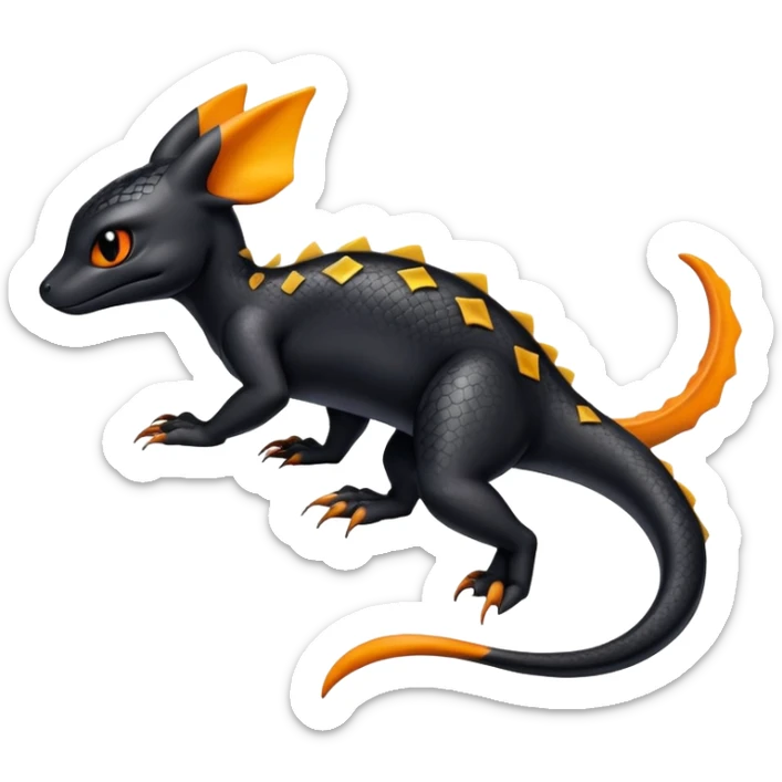 A shiny black Salandit-Umbreon-newt-hybrid-Fakémon-creature with orange belly sticker