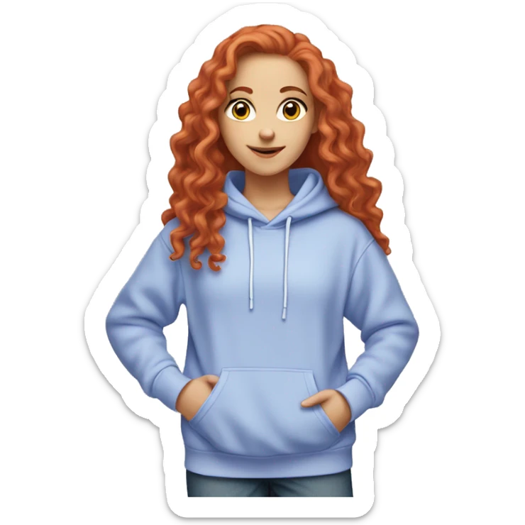 a white girl with long red curly hair, wearing a pastel periwinkle hoodie doing a pose sticker