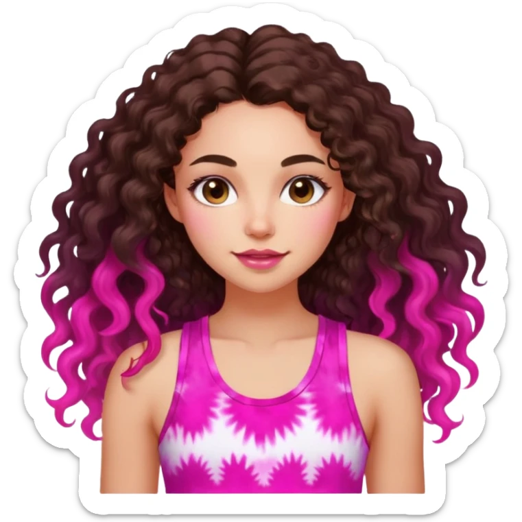 Young adult woman with luminous fair skin, long dark brown curly hair, large almond dark brown eyes, thick lips, wearing bright pink tie-dye tank top, warm friendly expression sticker