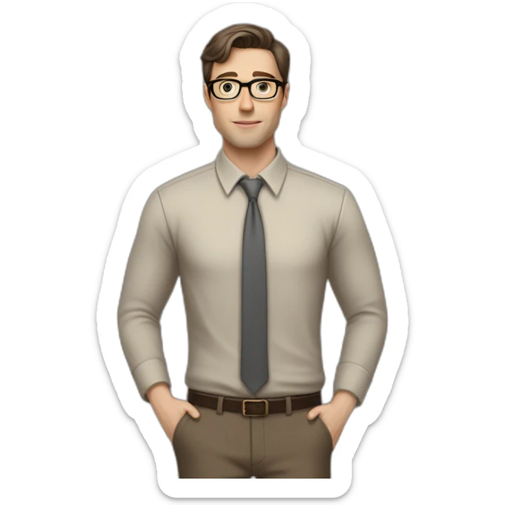 Full height Pale skinned fit man with dark brown hair in gray jacket, beige office shirt, brown tie, brown pants and vintage glasses. His right hand stretched out sticker