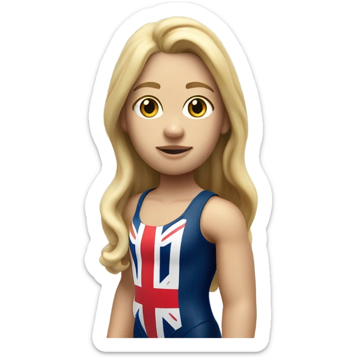 A girl with long blonde hair with wide shoulders wearing a Great Britain rowing swimming suit and has small muscles and add a necklace that has a sea shell pendant on it. The necklace is around the neck and the pendant is on her chest sticker