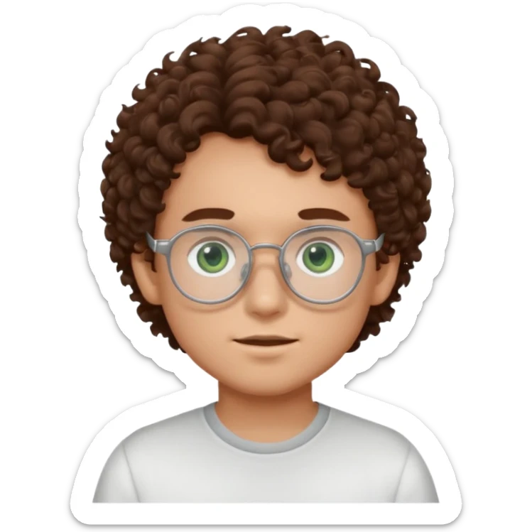 Boy with brown curly hair and dark green eyes in white glasses sticker