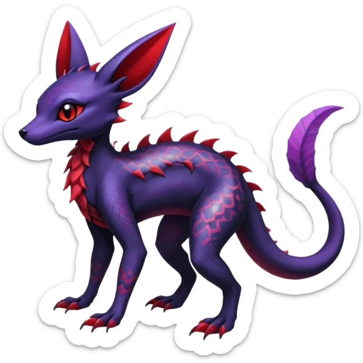 Gothic Black red purple Scaley Exotic Salandit-Umbreon-Suicune-Fakémon-hybrid-creature (full body), 4 legs sticker
