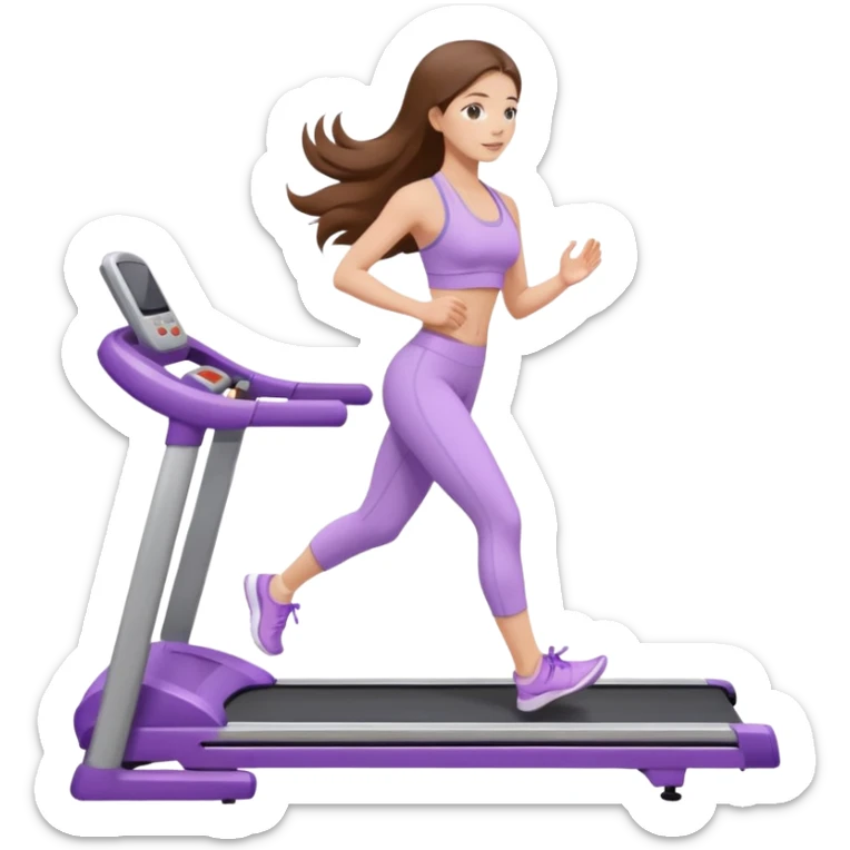 girl with long brown hair on treadmill wearing light purple yoga set sticker