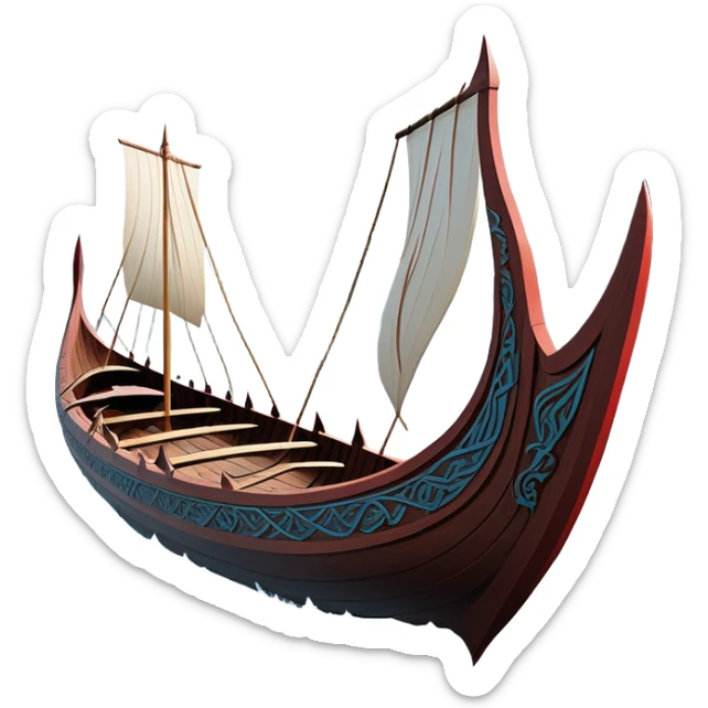 clash-of-clans-aesthetic_-cinematic-viking-longboat, rendered in a flat, bold vector style with minimal shading, featuring a striking dragon-headed prow slicing through icy, churning waters. shields on the side and vikings rowing The longboat’s intricately detailed shields and carved motifs evoke a sense of epic adventure and Nordic might, with billowing sails catching a dramatic, stormy sky backdrop. sticker