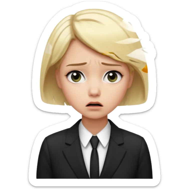 a office woman disappointed and scared now after getting yelled at, short blonde hair with black and white suit sticker