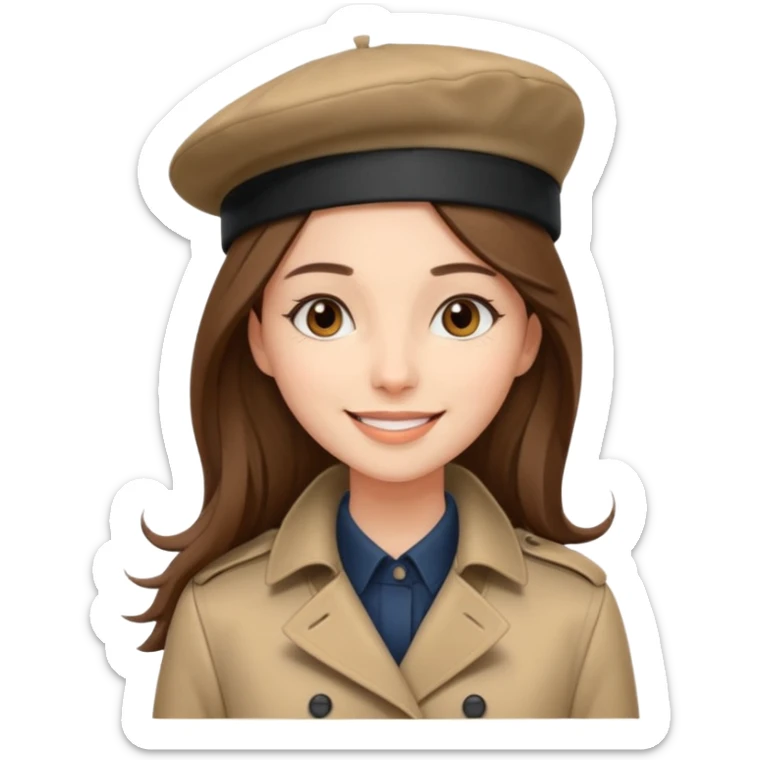 young fashionable woman, long straight brown hair, wearing a trench coat and beret, smiling sticker