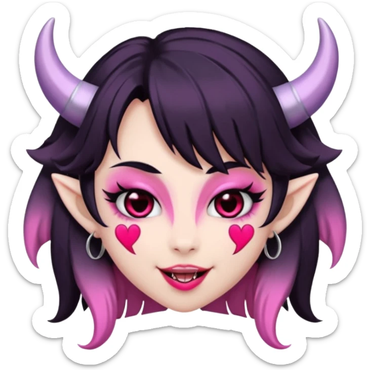succubus,-pink-irises,-heart-pupils,-black-shaggy-hair,-straight-across-fringe,-grey-skin,-white-horns-curving-towards-forehead,-succubus-horns,-flirty-smile,-full-lips,-black-lips,-cute-fangs sticker