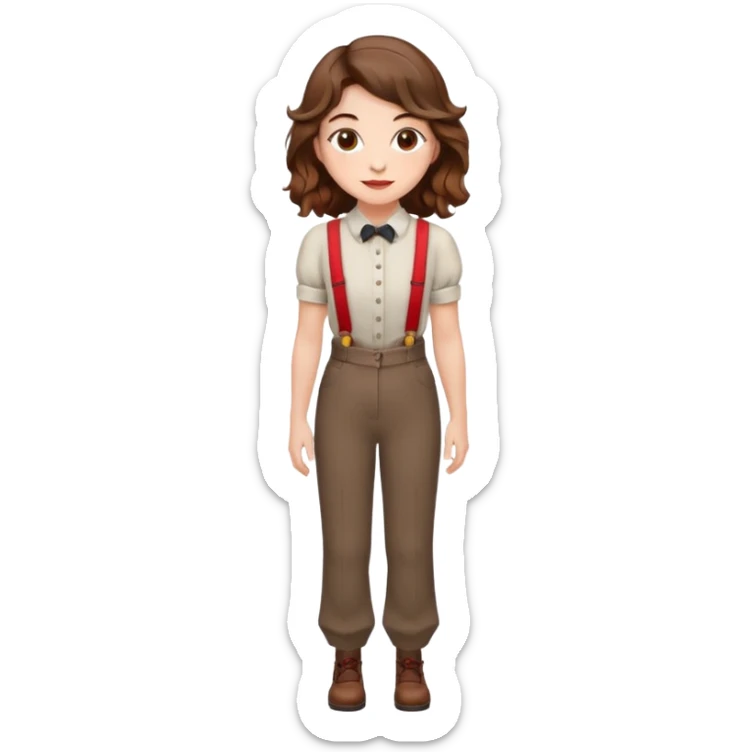 Woman with wavy brown hair and hazel eyes wearing dress pants with red suspenders sticker