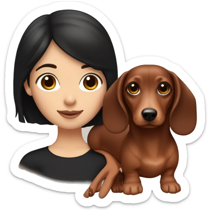 White girl with straight black hair holding a red dachshund and brown dachshund  sticker