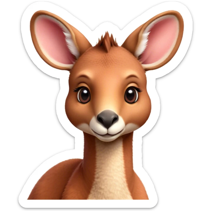 Cinematic Cute Adult Red Kangaroo Portrait Emoji, Head tilted playfully and inquisitively, showcasing a charming, robust build with soft reddish fur and a uniquely camel-like head featuring a gentle, elongated snout and rounded ears, with large, sparkling eyes full of wonder, Simplified yet irresistibly adorable features, highly detailed, glowing with a warm, friendly glow, high shine, affectionate and lively, stylized with a touch of outback whimsy, soft glowing outline, capturing the essence of a mischievous yet loving kangaroo that seems as if it could hop out of the screen into your arms! sticker