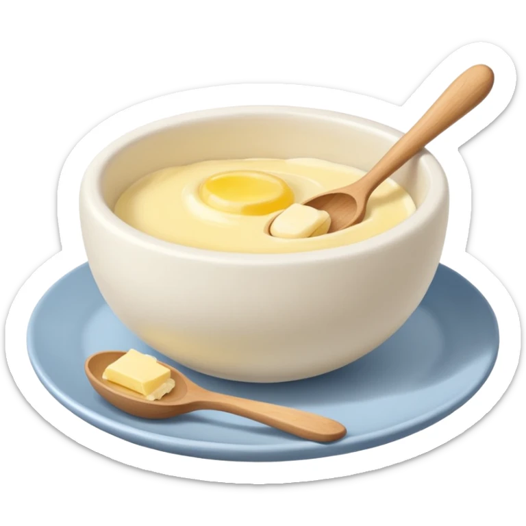 a dozen eggs, a ceramic mixing bowl with a wooden spoon and a plate of butter sticker