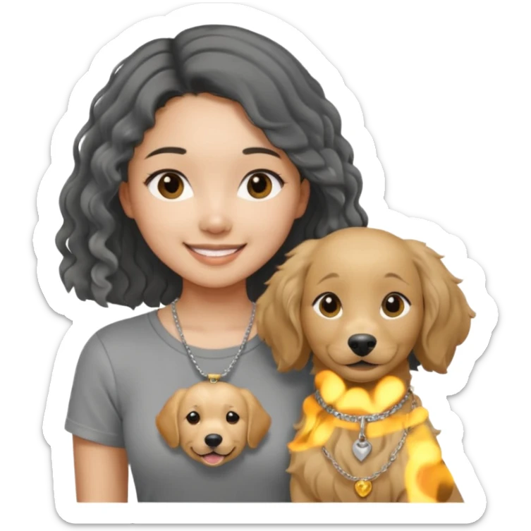 An asian girl wearing a gray round-neck tight T-shirt, a thin silver necklace .The hair is black and long, and the ends are slightly curly. Smiling, holding a golden retriever sticker