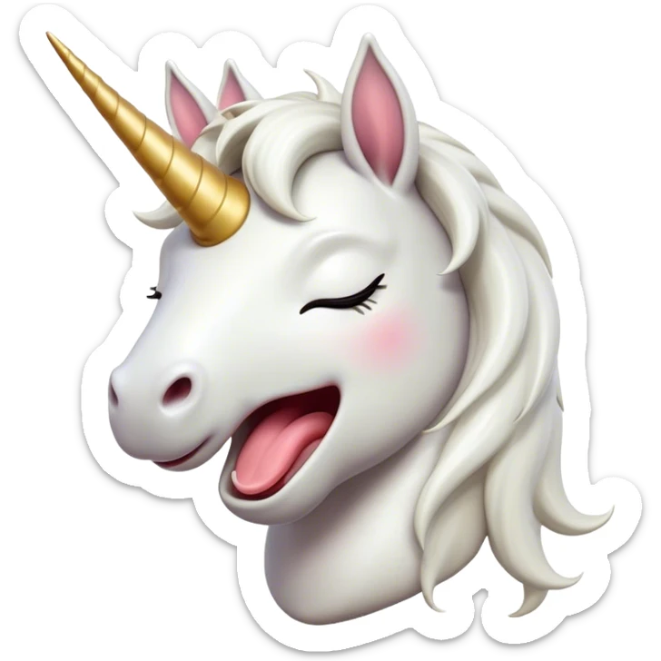 Cinematic Cute Yawning White Unicorn Portrait Emoji, Head tilted slightly with a dramatic, wide-open yawn, showcasing a softly elegant form with a gently cascading mane, a subtly glowing horn and sleepy, half-closed eyes, Simplified yet irresistibly adorable features, highly detailed, glowing with a soft, cozy magical glow, high shine, relaxed yet expressive, stylized with a dash of whimsical enchantment, soft glowing outline, capturing the essence of a drowsy yet affectionate white unicorn that appears ready to stretch and yawn its way out of the screen! sticker