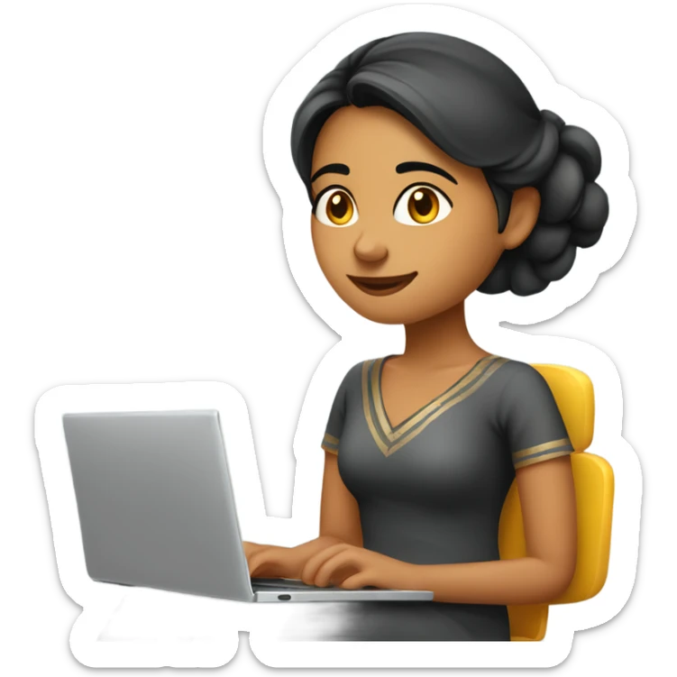 sweet indian girl who is in her 30s and approachable and happy sitting on a comfy chair working on a laptop sticker