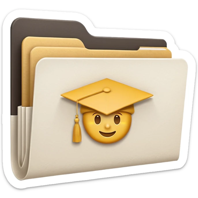 A simple emoji-style icon of a white textured paper folder, clean and formal, with sharp edges, minimal shading, and an embossed university degree/certification seal on the front, conveying academic achievement and official records. white white white  sticker