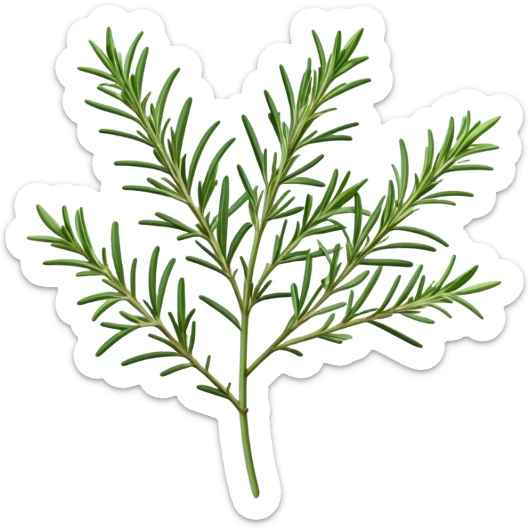 Cinematic Realistic Rosemary Emoji, Fragrant and fresh, with slender green stems covered in needle-like leaves, which release a distinctive herbal scent. The plant seems to exude energy, with soft sprigs of leaves stretching upwards. Soft glowing outline, capturing the essence of earthy healing and aromatic delight in a sprig of rosemary! sticker