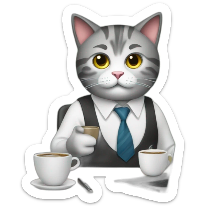 Business cat, wearing a shirt and tie, working at his desk with a cup of coffee, the cat looks stressed sticker
