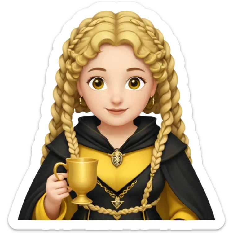 Helga Hufflepuff, 2 curly thick brown braids, yellow-black medieval dress, black cloak decorated with gold braiding, tiny two-handled shiny yellow-gold cup, very kind smile, curvy busty sweet woman, thick rosy cheeks sticker