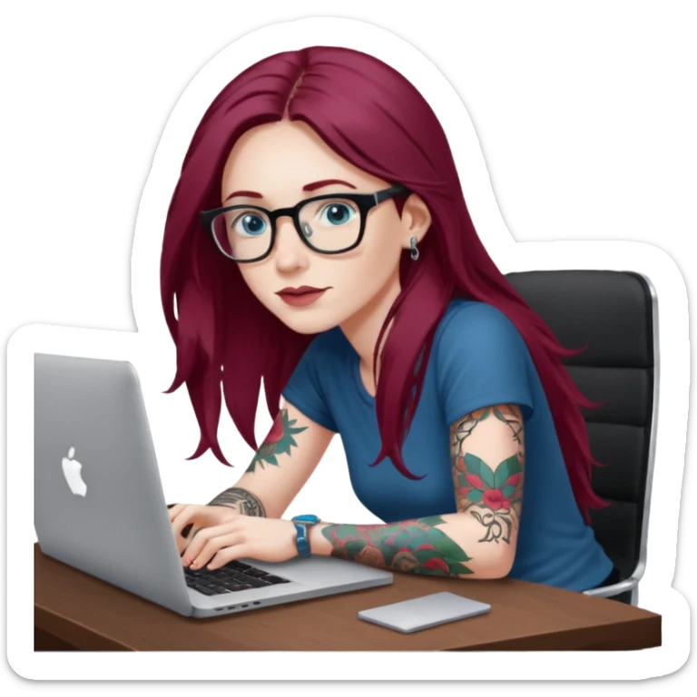Realistic Macbook pro, side view of female, long burgundy hair, pale skin, blue eyes with tattoos, graphic designer, sitting at work desk with MacBook open, still view sticker