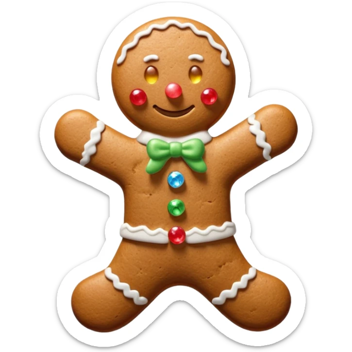 3D render of Gingerbread Man, made entirely of dessert materials, glistening sugar crystal texture, baked brown cookie texture with white icing details, delicious confectionery aesthetic, Apple emoji style, isolated on white background --v 6.0. sticker
