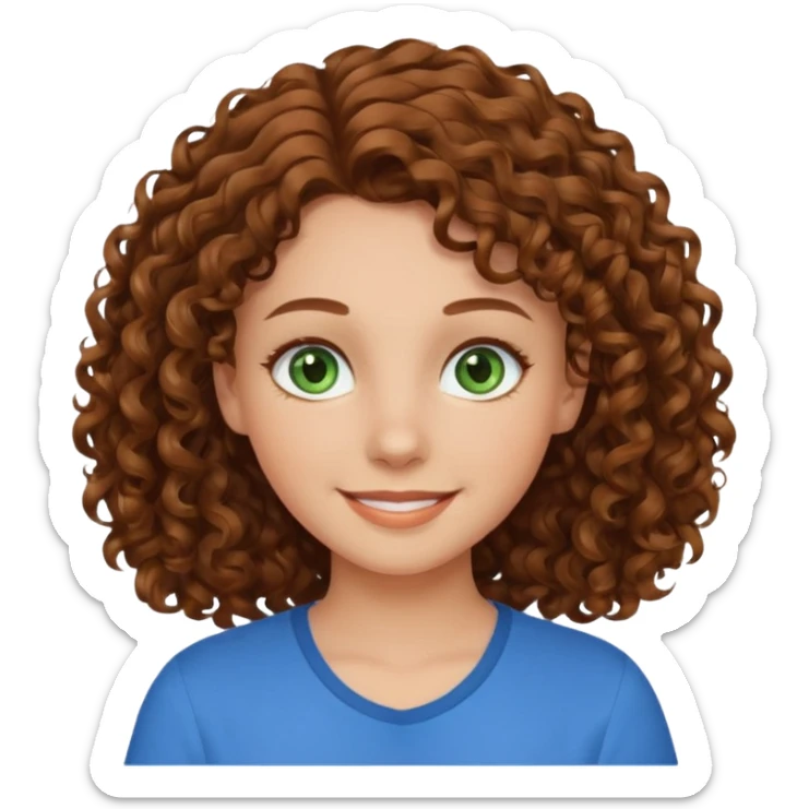 girl with brown hair, green eyes with a blue shirt no background ,young with curly hair smileing long hair not so curly and brown sticker
