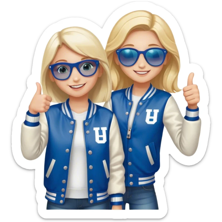 smiling girl in letterman jacket Blue eyes thumb up, Name is Tini, sunglasses in hair, two Little girls  sticker