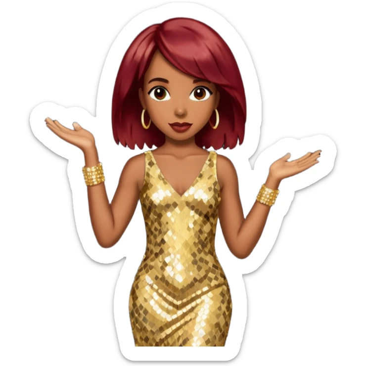 Kelly Rowland from Destiny's Child with dark red hair, gold sequin outfit sticker