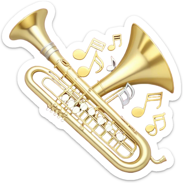 Create a festive and elegant emoji collage featuring a bouquet or fan of bells of wind instrument  (trumpets, saxophones, trombones, tubes, etc.) arranged in a radiant, symmetrical pattern. The instruments should have polished, golden and silver finishes, with their large, shiny bells forming a beautiful, fan-like display. Include a flowing ribbon of musical notes swirling through the center, conveying movement and melody. The background should feature a deep red velvet texture, adding a touch of luxury and sophistication. The overall composition should be balanced, with an elegant and regal feel, with a transparent background to keep focus on the instruments and musical elements. sticker