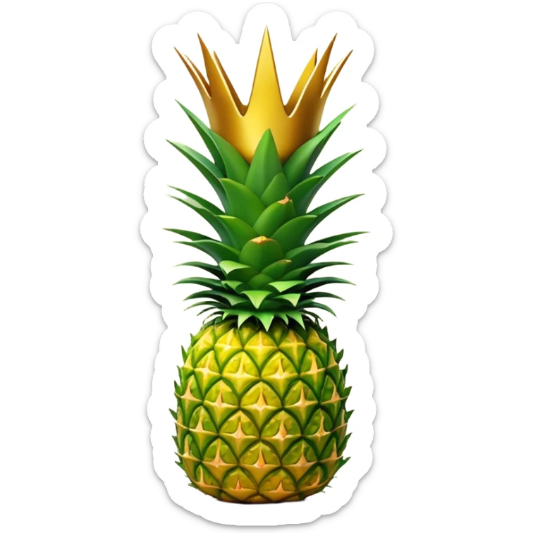 Cinematic Realistic Pineapple Emoji, Tropical and vibrant, with a golden-yellow textured skin and a crown of spiky green leaves on top. The body of the fruit is sharply geometric, its surface rich with natural patterns. Soft glowing outline, capturing the essence of exotic sweetness and tropical flair in a fresh pineapple! sticker