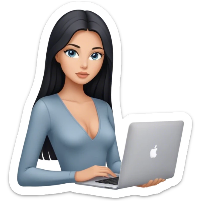 Glamours tanned very beautiful girl with pump peach nude lips and black straight smooth long hair, blue-grey eyes in grey v-neck bodysuit with MacBook sticker