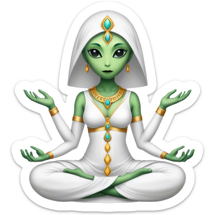 a Reptilian alien woman,in meditation, white dress like a priestess sticker