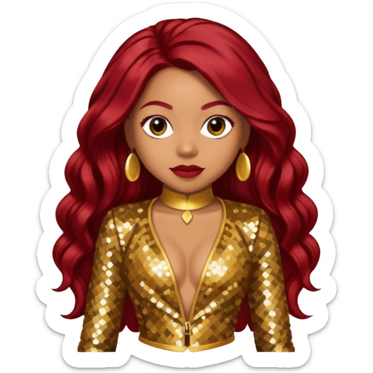 LaTavia Robeson from Destiny's Child with long dark red hair, gold sequin outfit sticker