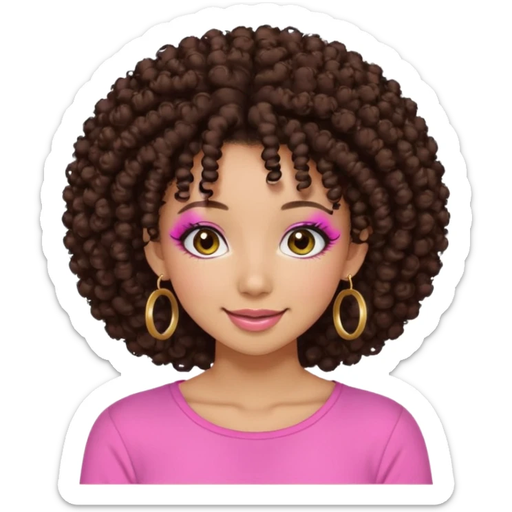 Naturally tan skin girl short darkBrown curly afropink shirt very long lashes hoop gold earrings Brown eyes gyaru smiling closed mouth cute non perfect circular a sticker