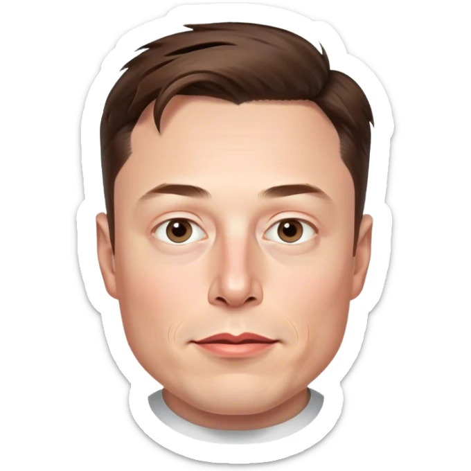 A highly detailed, photorealistic illustration of just Elon Musk's head, no neck. The rendering should closely match his real facial features, skin and hair, with hyper realistic shading and lighting. Transparent background sticker