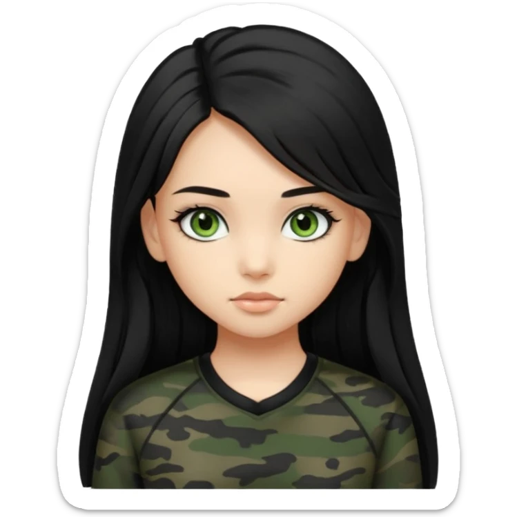 cute teenage girl, cute black trendy athletic clothes, light tan skin, very dark camo green eyes, long black hair, very long eyelashes sticker