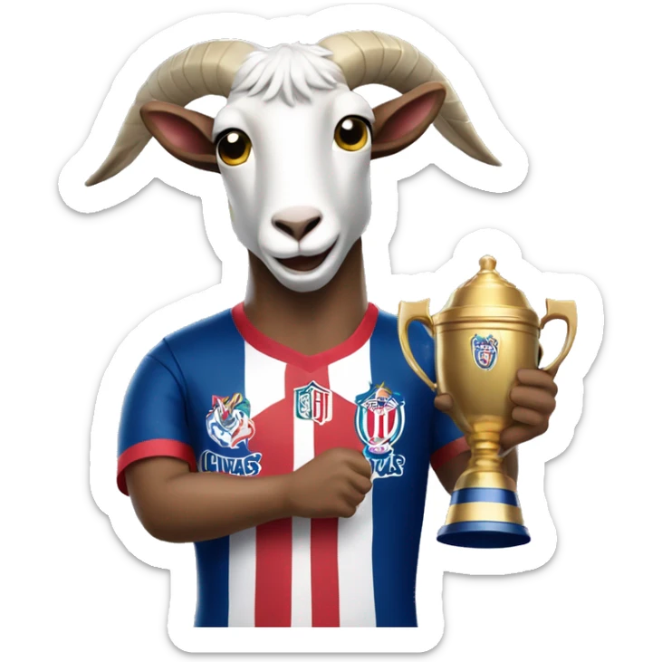 Draw a goat wearing the jersey of Chivas (a Mexican soccer team), holding a trophy in one hand. sticker