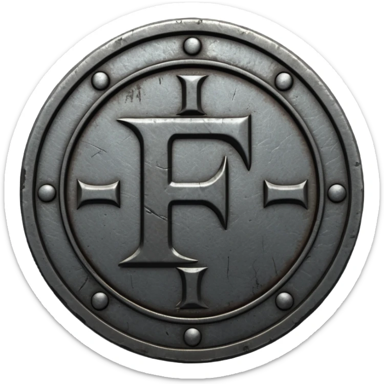 Minimal emoji, gothic metal coin made of black steel, engraved number f at the center, ancient industrial aesthetic, worn metal texture, no glow, no neon, flat emoji design, centered, transparent background sticker