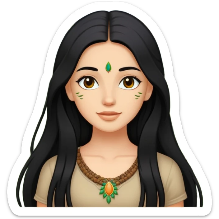 white girl with long black hair , a bindi and enjoying nature sticker