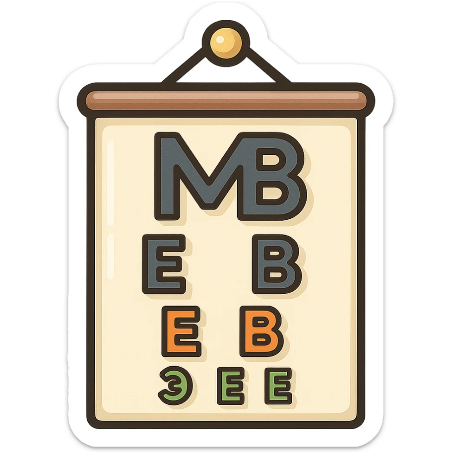 Enhance the Sivtsev eye chart icon to be more detailed and rendered with enhanced shadows and highlights. Keep the hanging loop, vector style, clean outlines, pastel palette, and transparent background. sticker