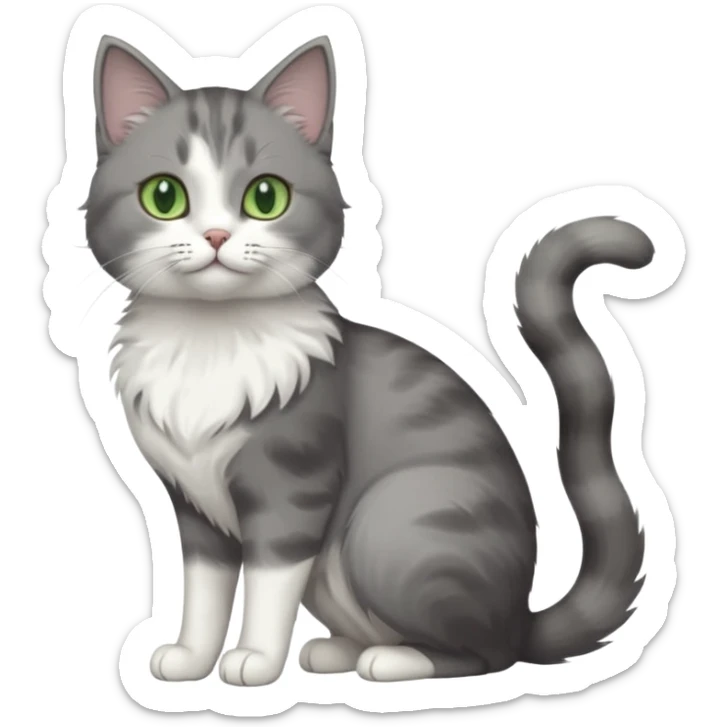 full body view of beautiful female grey cat with green eyes, white paws and white chest sticker