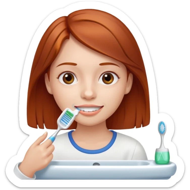 A girl with reddish-brown hair, who just woke up in the morning, is brushing her teeth. sticker