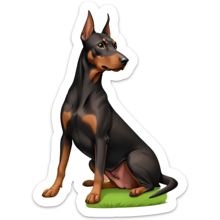 Close-up of a Doberman Pinscher sitting on lush green grass, looking alert and majestic. The background features a beautiful, serene nature view with rolling hills and bright blue skies. The dog’s sleek black and tan coat shines under the sun. Transparent background. sticker