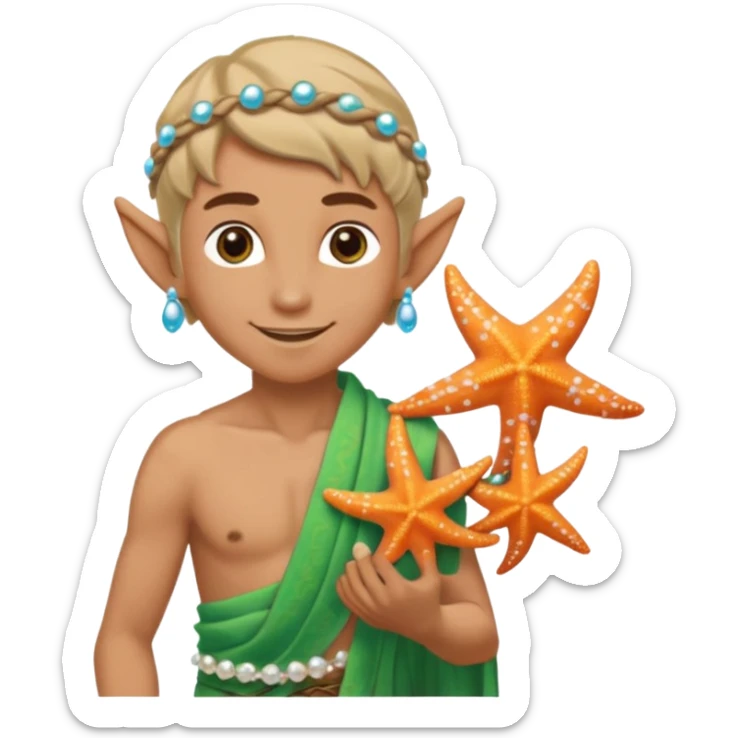 elf male Sarong with bioluminescent embroidery, armful of starfish, hair in a braid with pearl pins. sticker