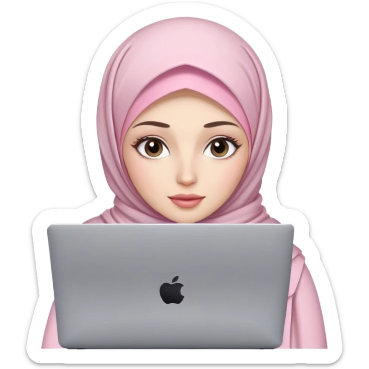 White skin woman wearing light pink hijab with natural makeup, long eyelashes and lip gloss working behind laptop sticker