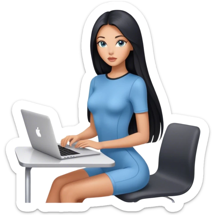 Glamours tanned very beautiful girl with pump peach nude lips and black straight smooth long hair, blue-grey eyes in short sleeves bodysuit with MacBook sticker