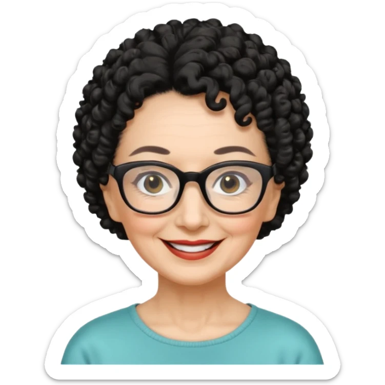 femme 70 ans cheveus noir bouclé attachés, lunettes rectangles noir yeux noir et sourrir sticker