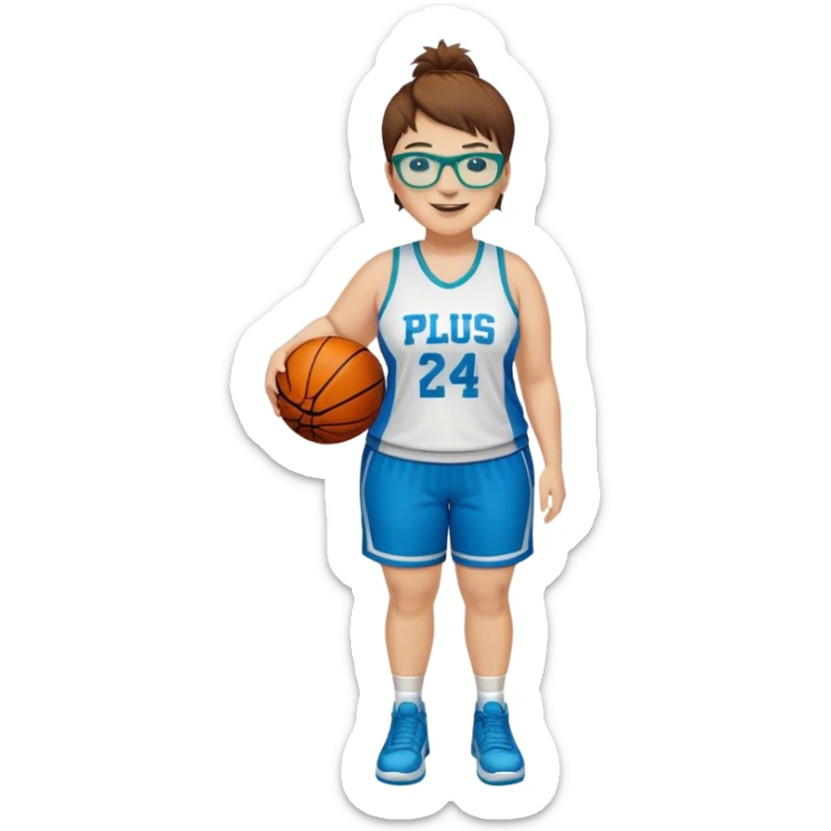 Full Body plus size white female with short brown hair with highlights spike hair wearing blue glasses basketball player wearing blue green uniform smiling sticker